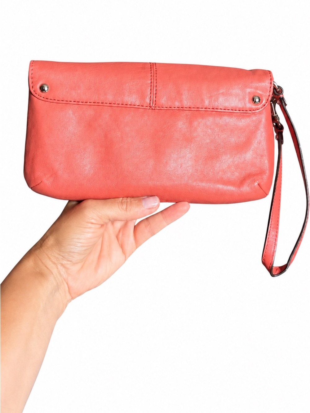 Coach Coral/Salmon Leather Convertible Wristlet Clutch Gathered Front Logo Purse - Picture 3 of 9